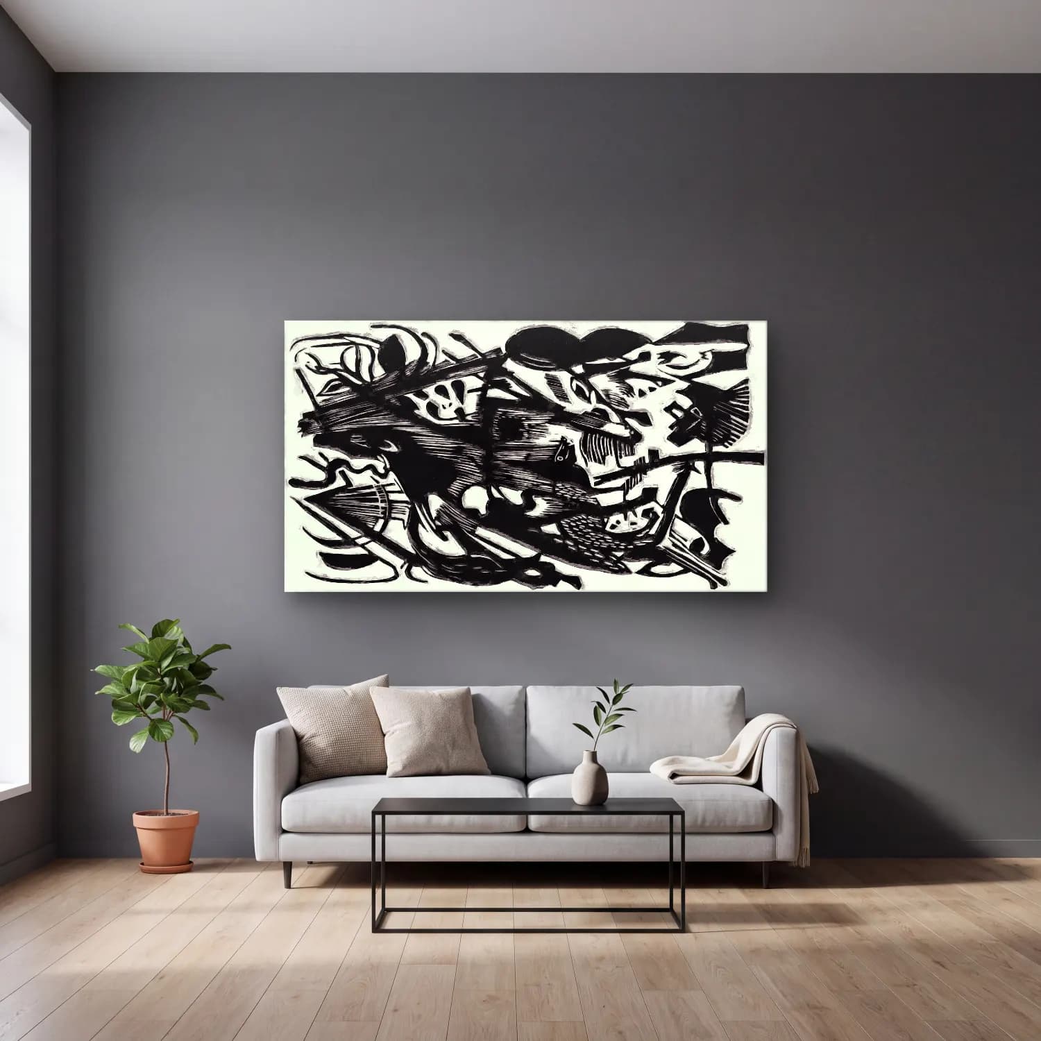 Franz Marc – Birth of the Wolves cam tablo — gri duvarlı salonda