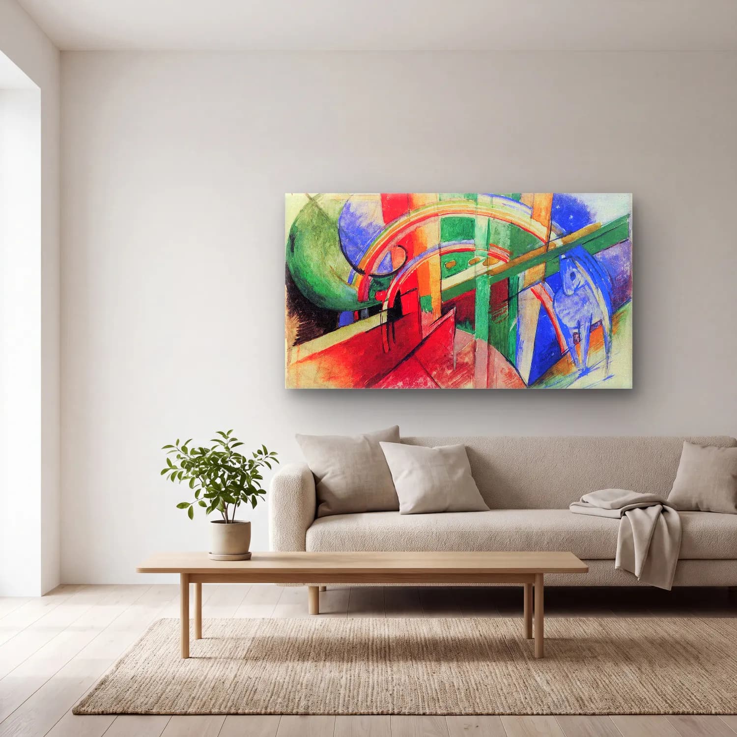 Franz Marc – Blue horse with rainbow cam tablo — açık renk salonda