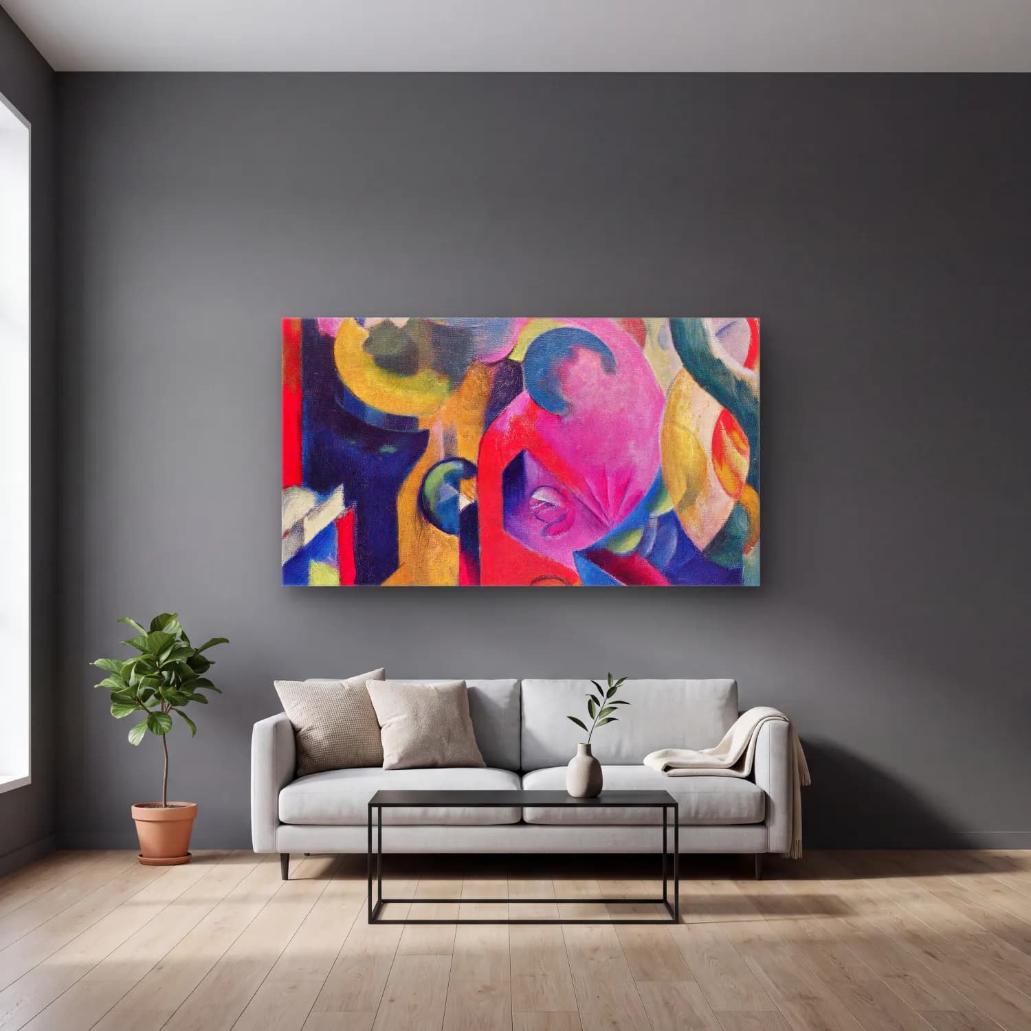Franz Marc – Composition III cam tablo — gri duvarlı salonda