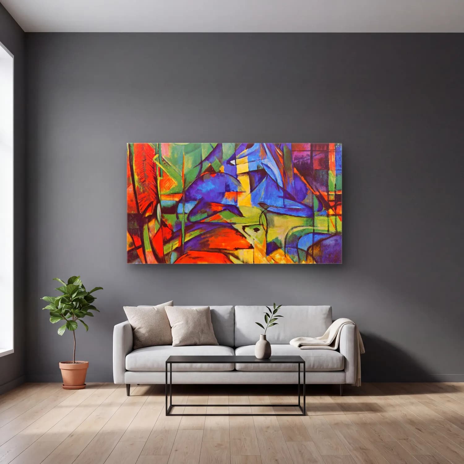 Franz Marc – Deer in Forest cam tablo — gri duvarlı salonda