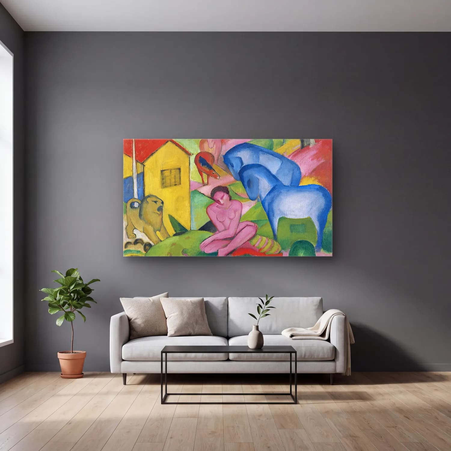 Franz Marc – Der Traum - Google Art Project cam tablo — gri duvarlı salonda