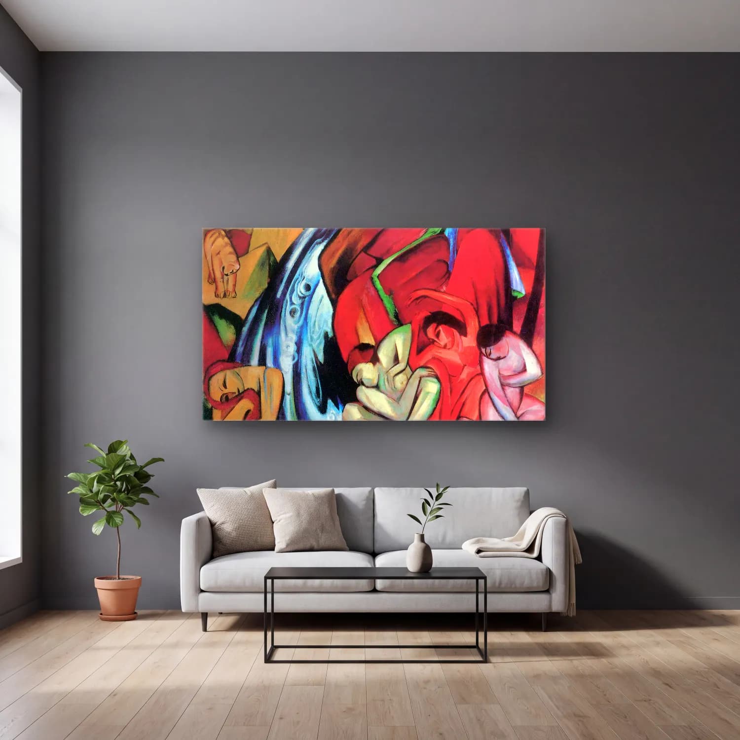 Franz Marc – Der Wasserfall cam tablo — gri duvarlı salonda