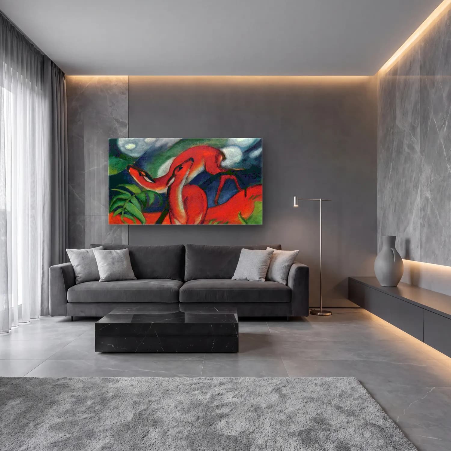 Franz Marc – Red Deer II cam tablo — lüks salon duvarında