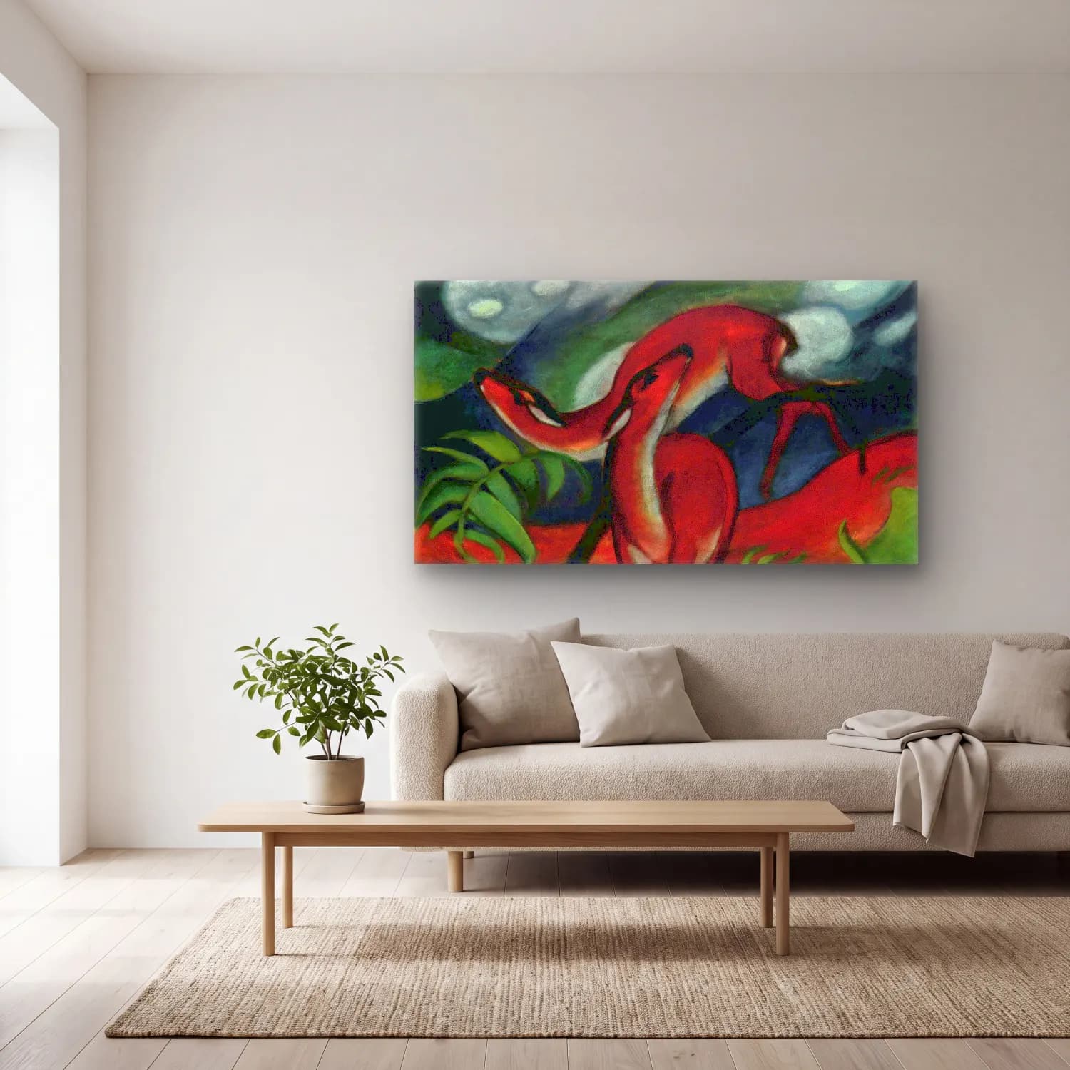 Franz Marc – Red Deer II cam tablo — açık renk salonda