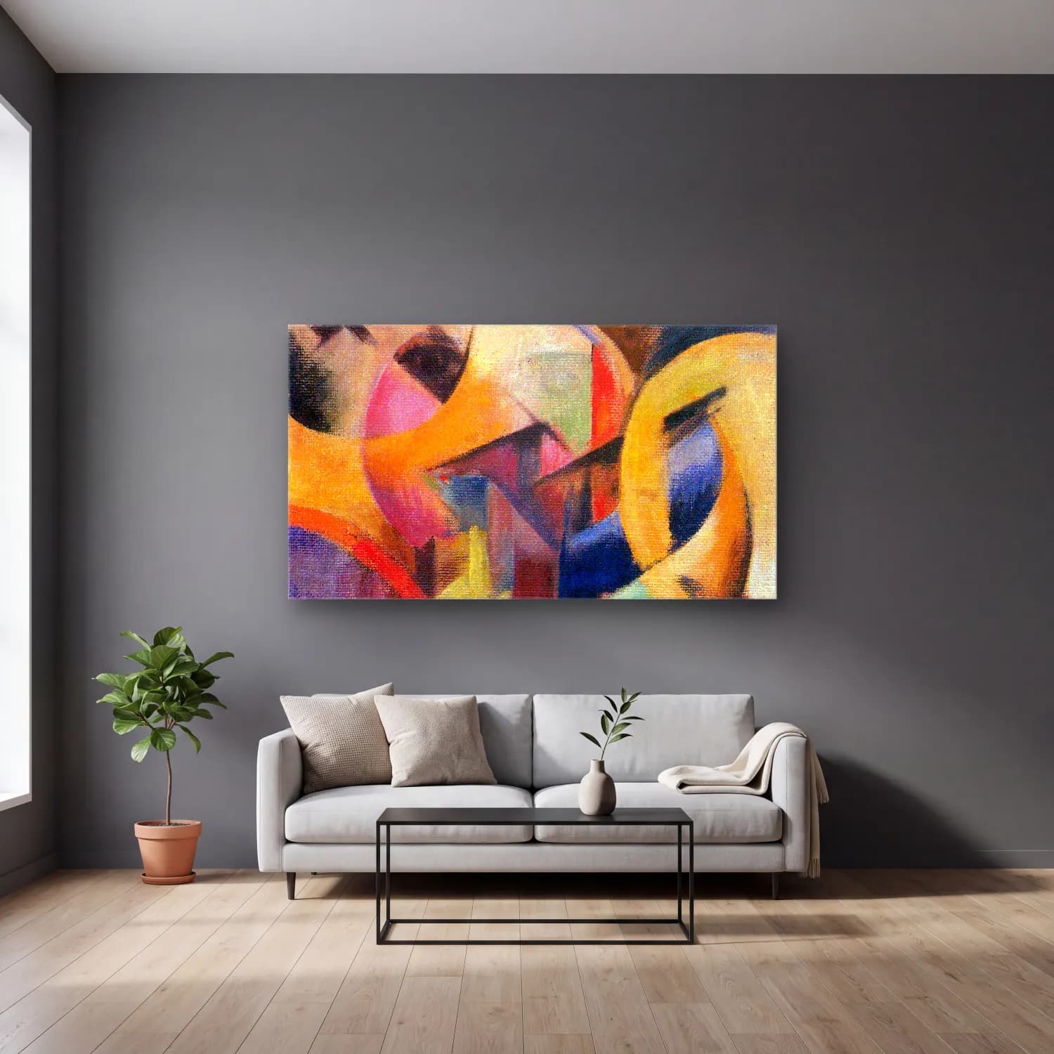 Franz Marc – Small composition I cam tablo — gri duvarlı salonda