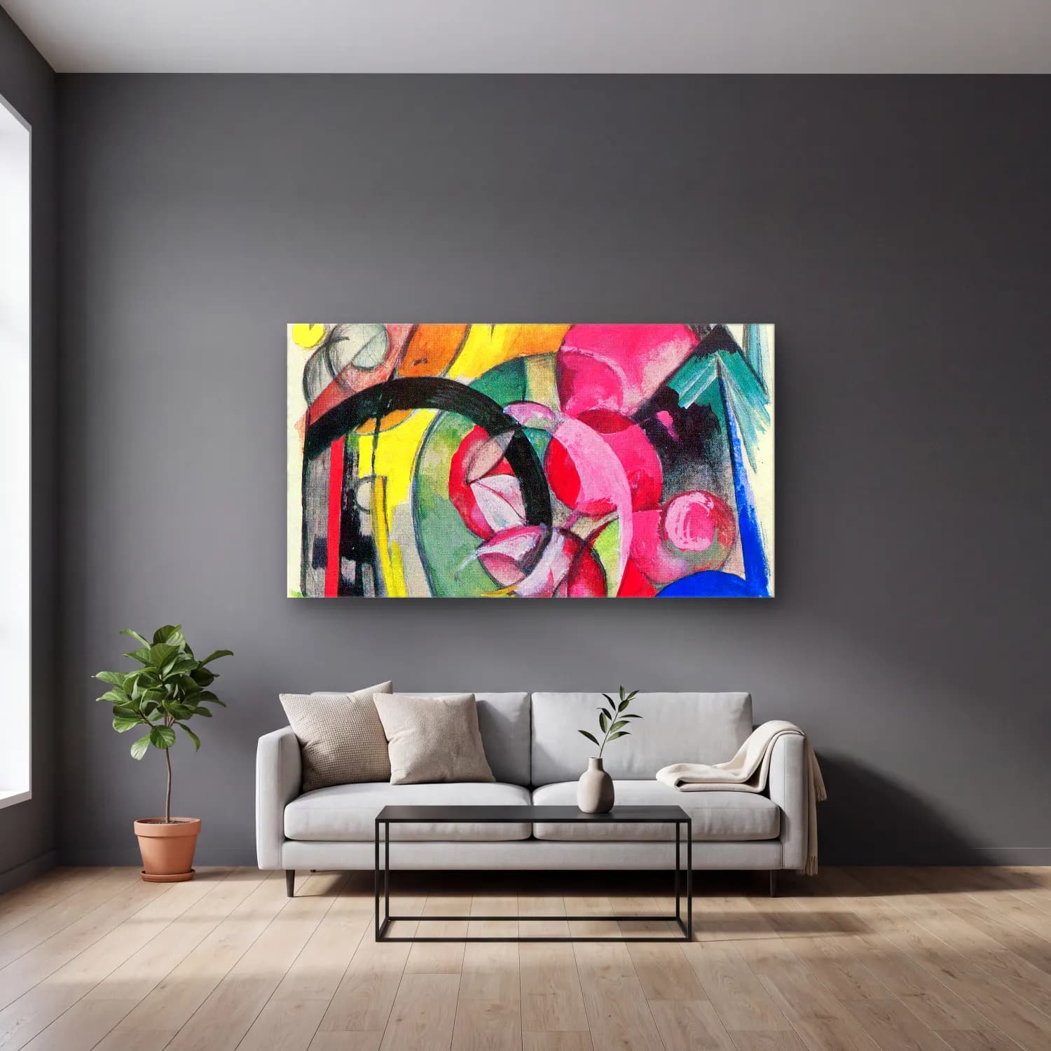 Franz Marc – Small composition II cam tablo — gri duvarlı salonda