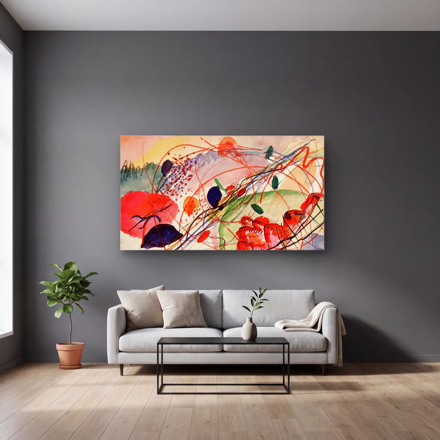 Wassily Kandinsky – Aquarell cam tablo — gri duvarlı salonda