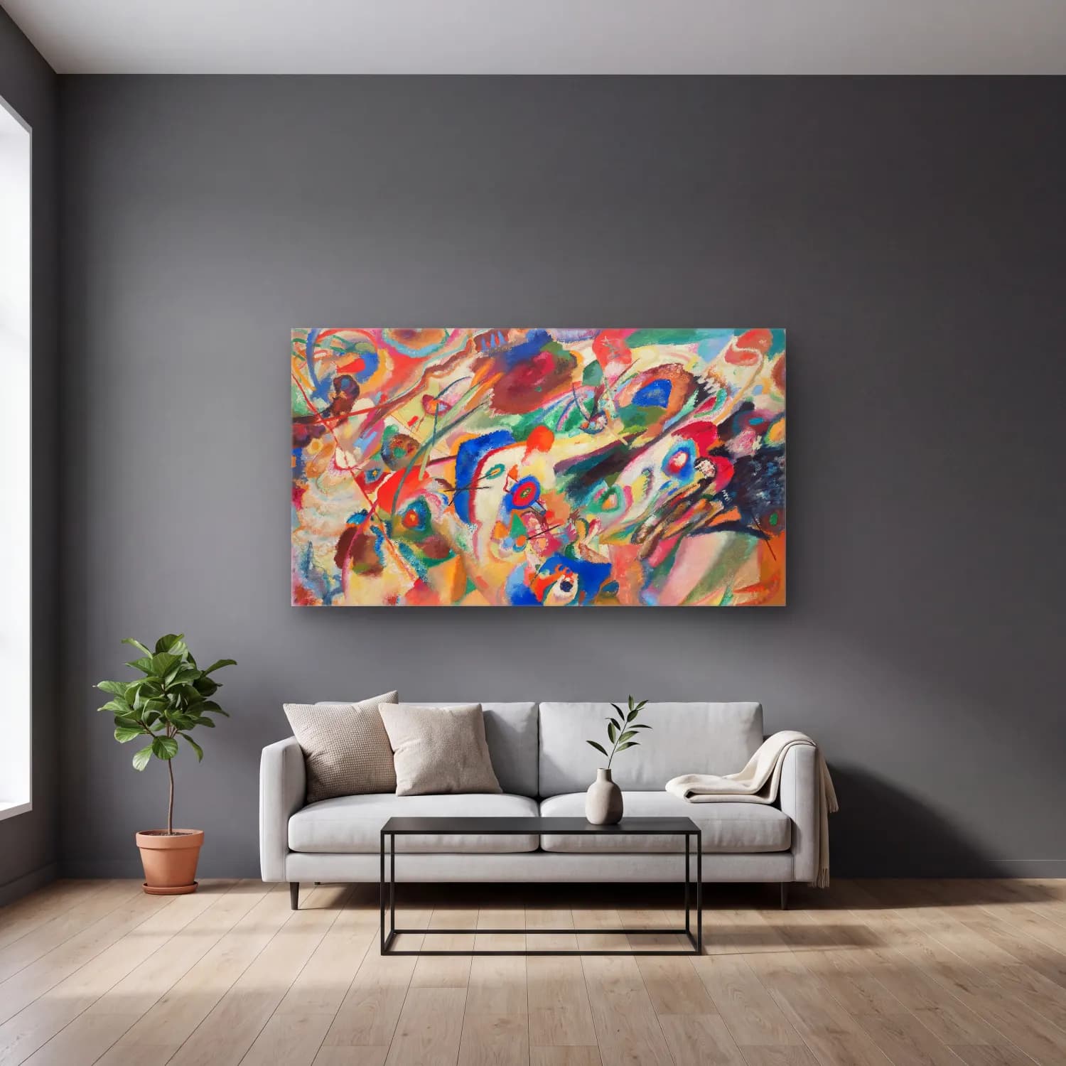 Wassily Kandinsky – Composition VII cam tablo — gri duvarlı salonda
