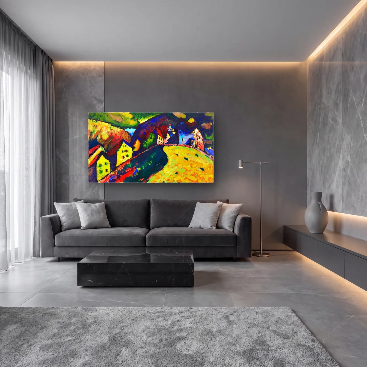 Wassily Kandinsky – Houses at Murnau cam tablo — lüks salon duvarında