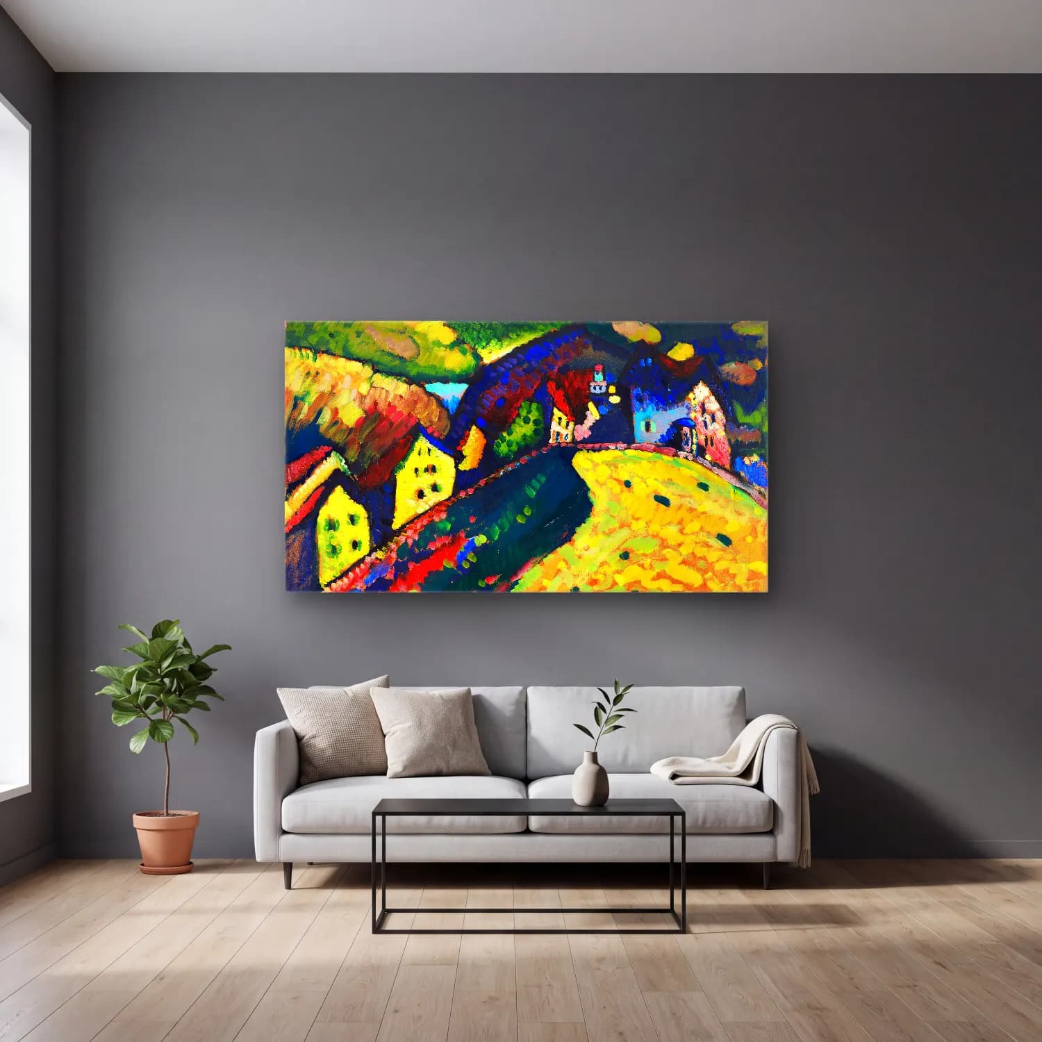 Wassily Kandinsky – Houses at Murnau cam tablo — gri duvarlı salonda