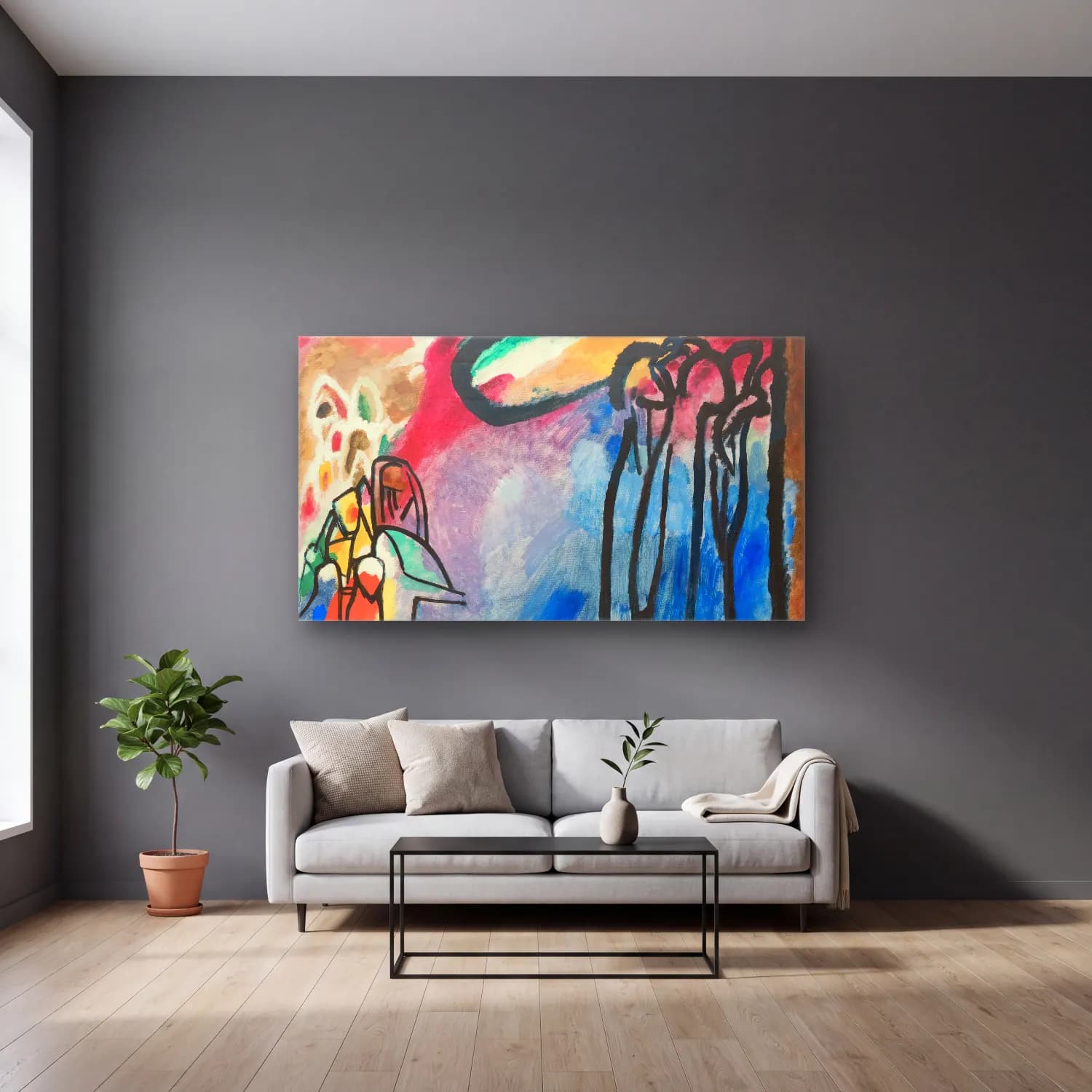 Wassily Kandinsky – Improvisation cam tablo — gri duvarlı salonda