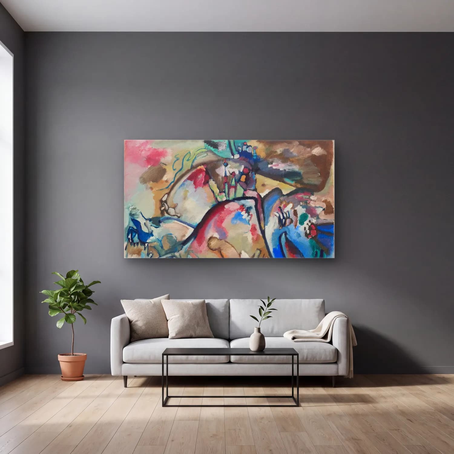 Wassily Kandinsky – Improvisation – Mavi Tonlar cam tablo — gri duvarlı salonda