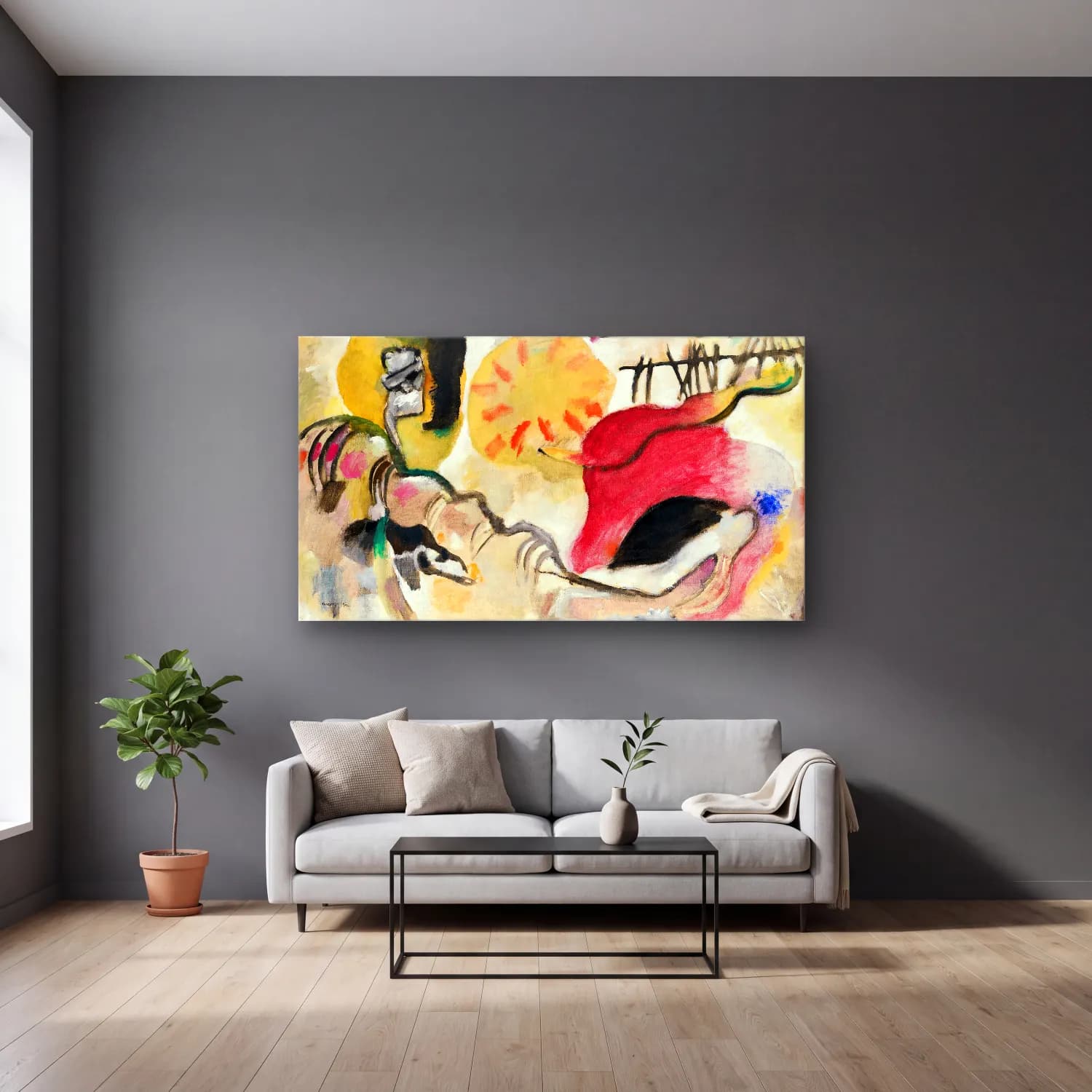 Wassily Kandinsky – Improvisation 27 (Garden of Love II) cam tablo — gri duvarlı salonda