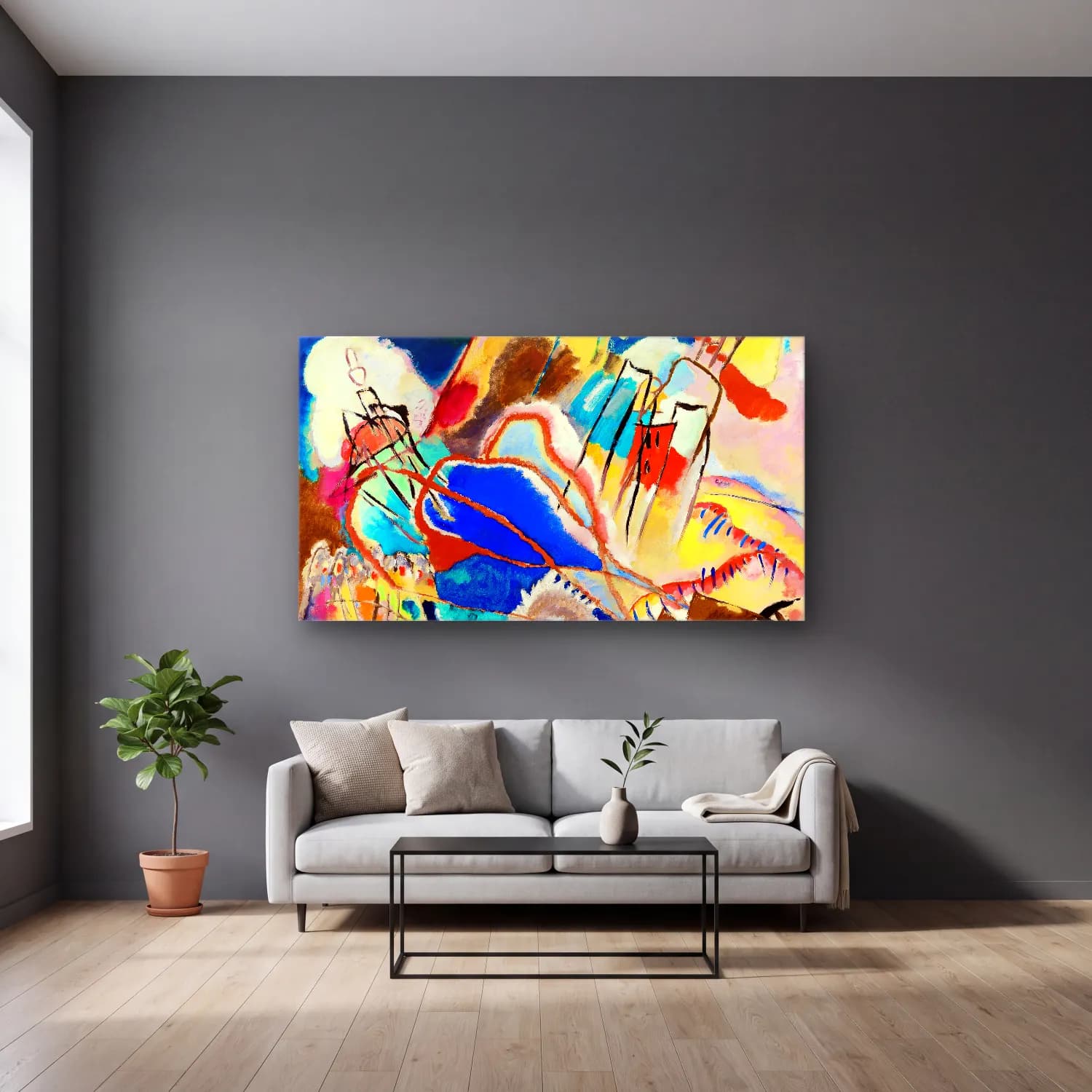 Wassily Kandinsky – Improvisation 30 (Cannons) cam tablo — gri duvarlı salonda