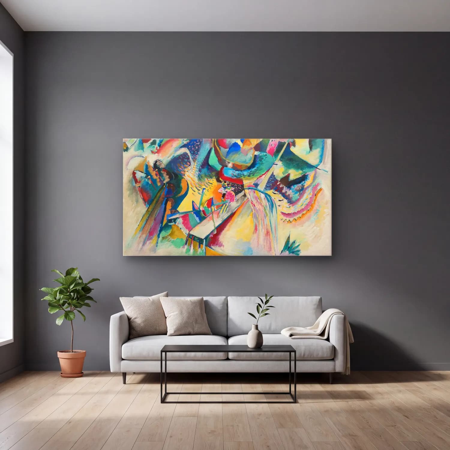 Wassily Kandinsky – Improvisation. Gorge cam tablo — gri duvarlı salonda