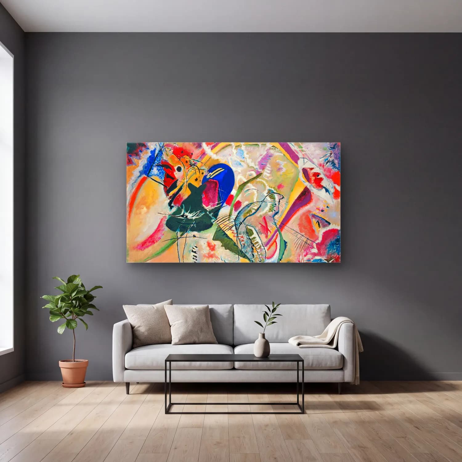 Wassily Kandinsky – Improvisation – Sarı Tonlar cam tablo — gri duvarlı salonda