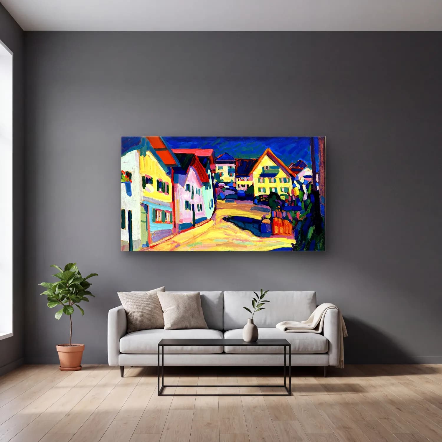 Wassily Kandinsky – Murnau Burggrabenstrasse cam tablo — gri duvarlı salonda
