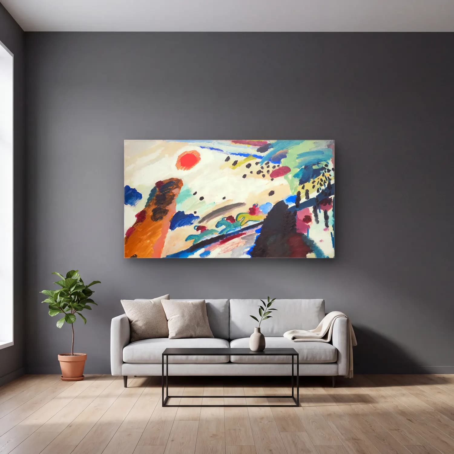 Wassily Kandinsky – Romantic Landscape cam tablo — gri duvarlı salonda