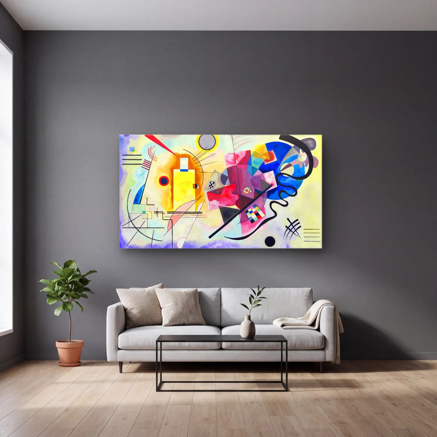 Wassily Kandinsky – Yellow Red Blue cam tablo — gri duvarlı salonda