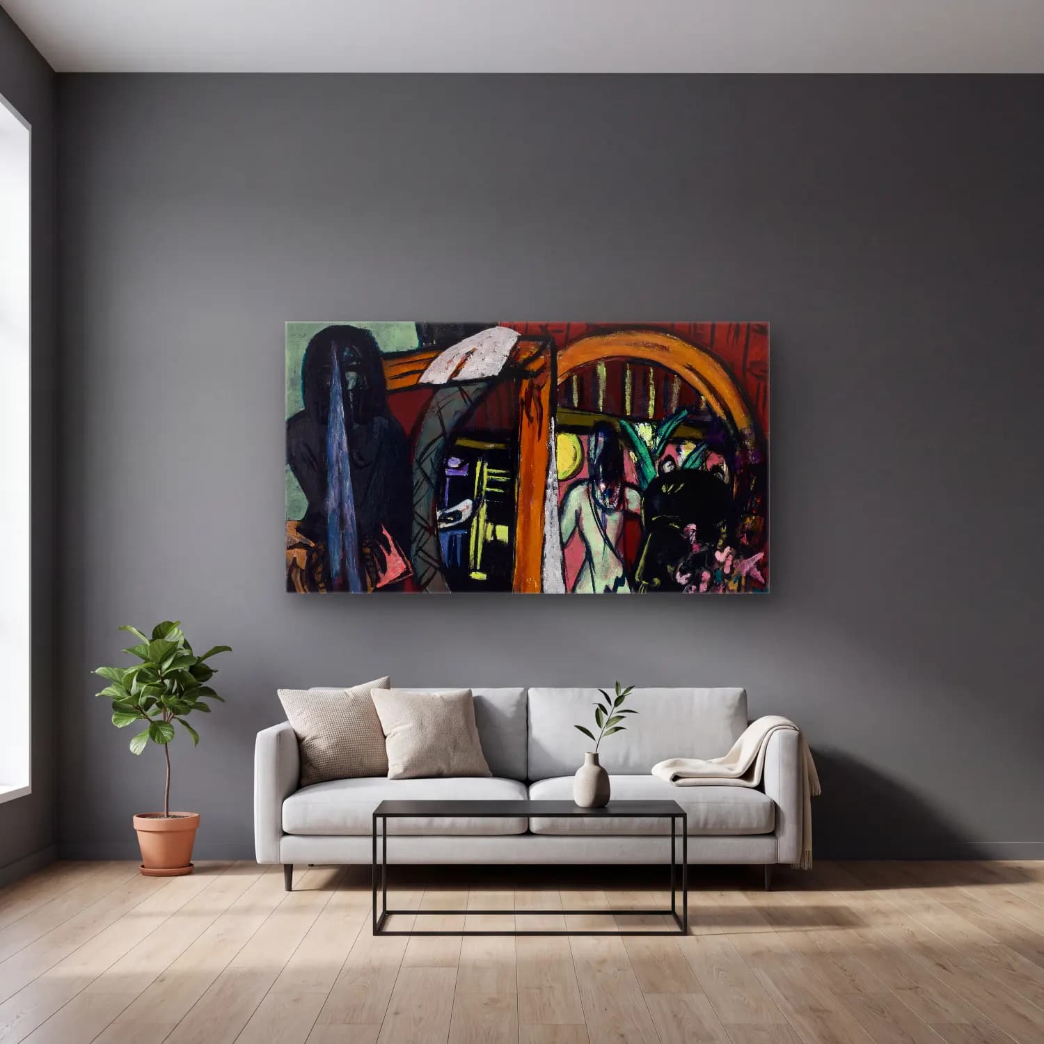 Max Beckmann – Sculptor’s Studio cam tablo — gri duvarlı salonda