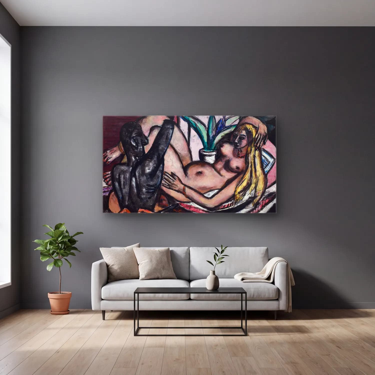 Max Beckmann – Studio cam tablo — gri duvarlı salonda