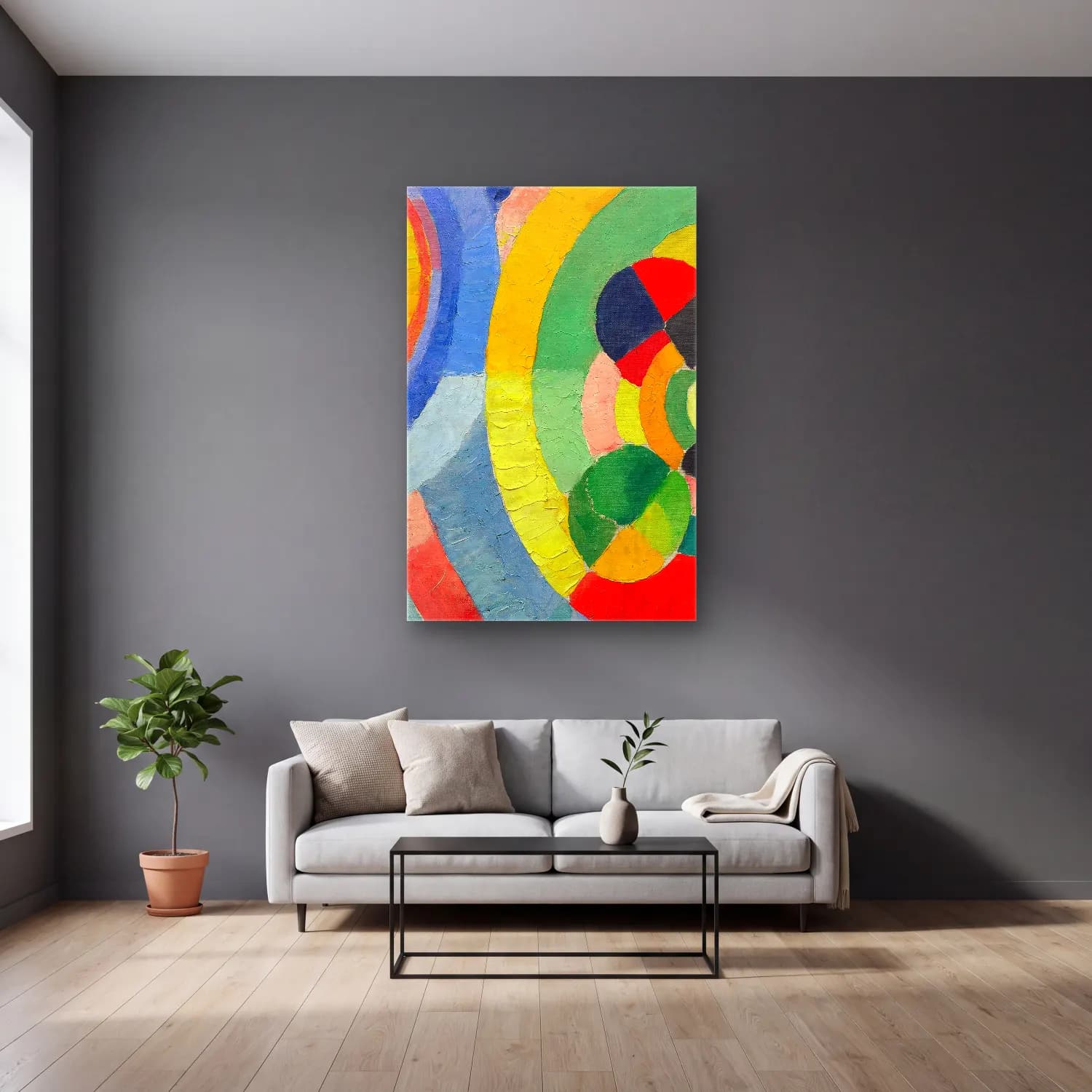 Robert Delaunay – Circular Forms cam tablo — gri duvarlı salonda