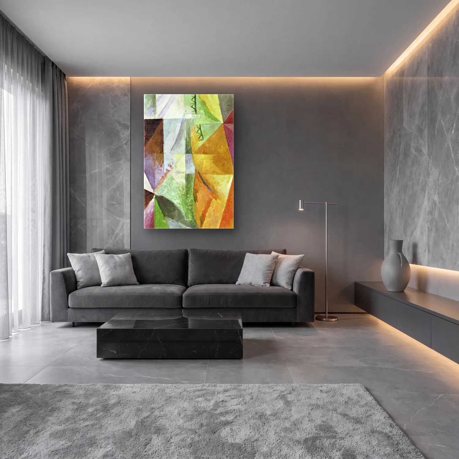Robert Delaunay – The Three Windows, the Tower and the Wheel cam tablo — lüks salon duvarında