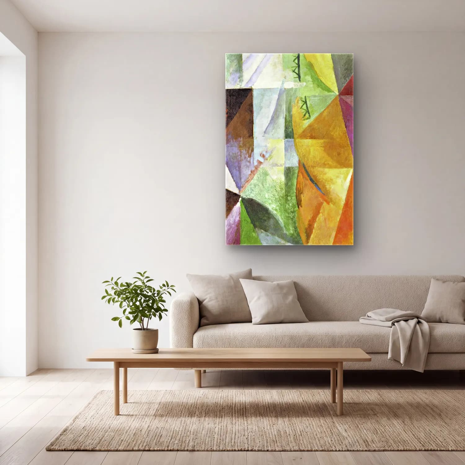 Robert Delaunay – The Three Windows, the Tower and the Wheel cam tablo — açık renk salonda