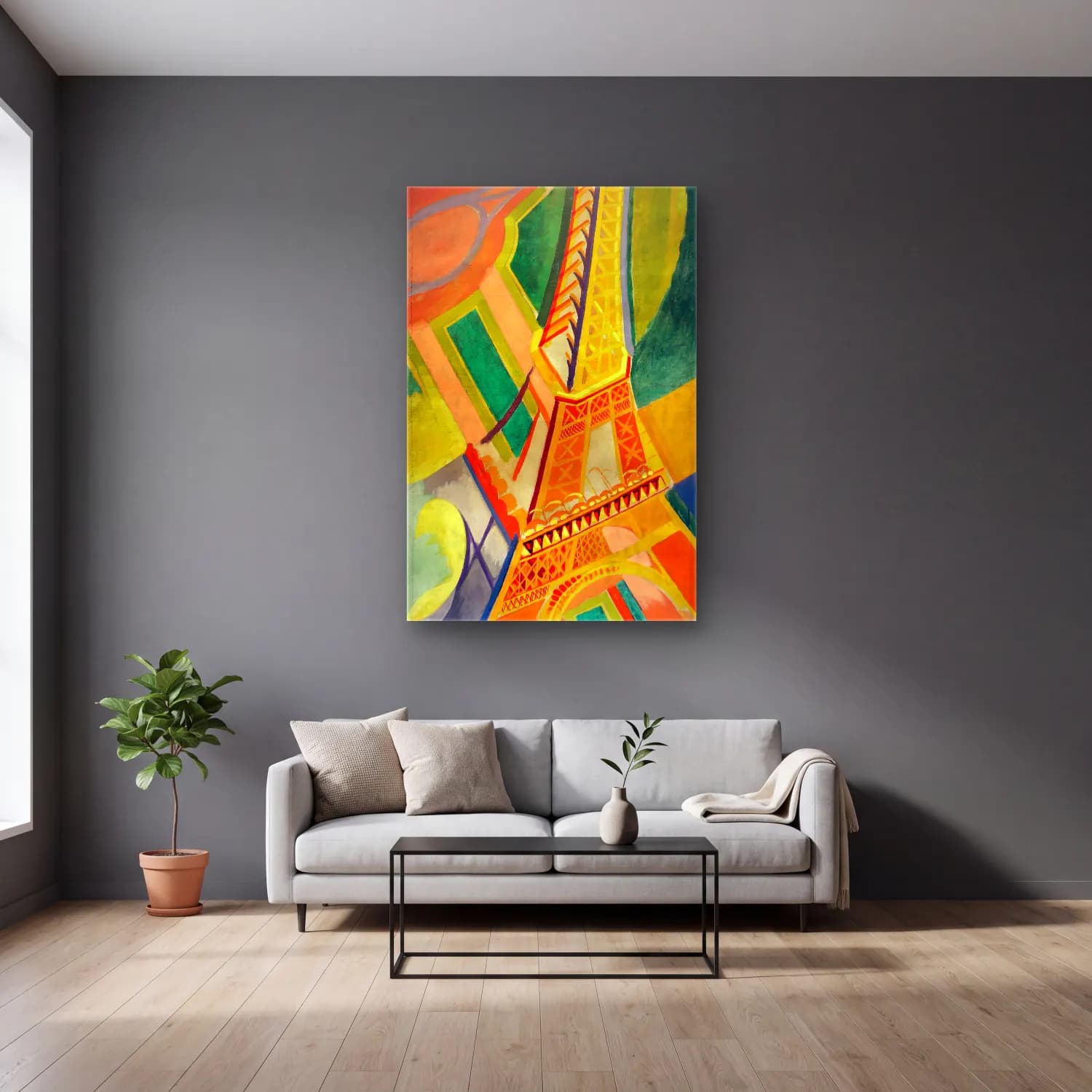 Robert Delaunay – Tour Eiffel cam tablo — gri duvarlı salonda