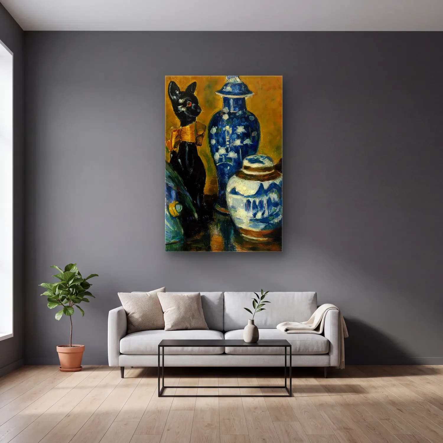 Alfred William Finch – Still Life with Blue Figurines – Mavi Tonlar cam tablo — gri duvarlı salonda