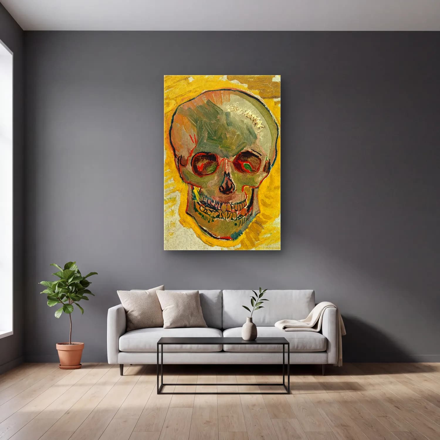 Vincent van Gogh – Skull – Sarı Tonlar cam tablo — gri duvarlı salonda
