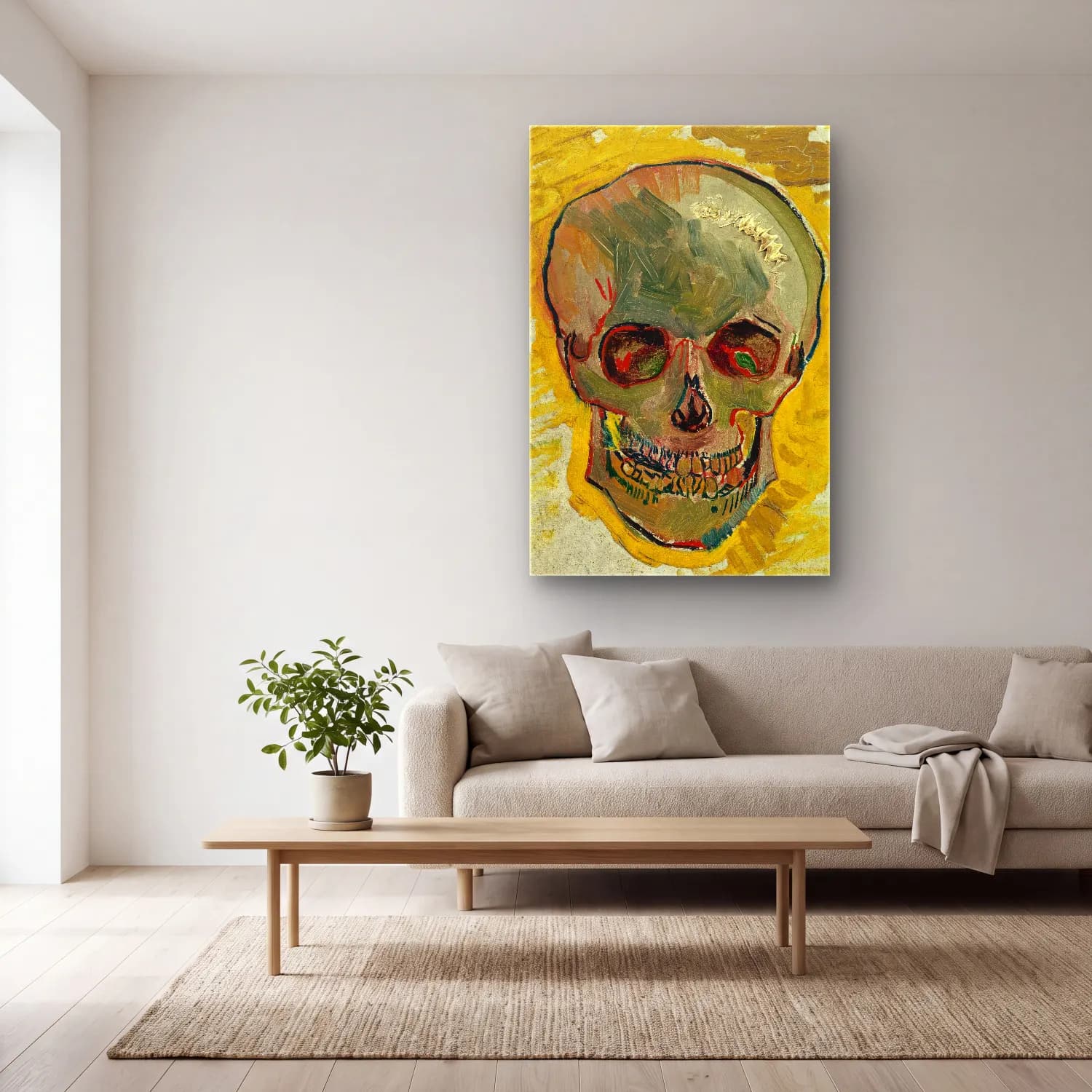 Vincent van Gogh – Skull – Sarı Tonlar cam tablo — açık renk salonda