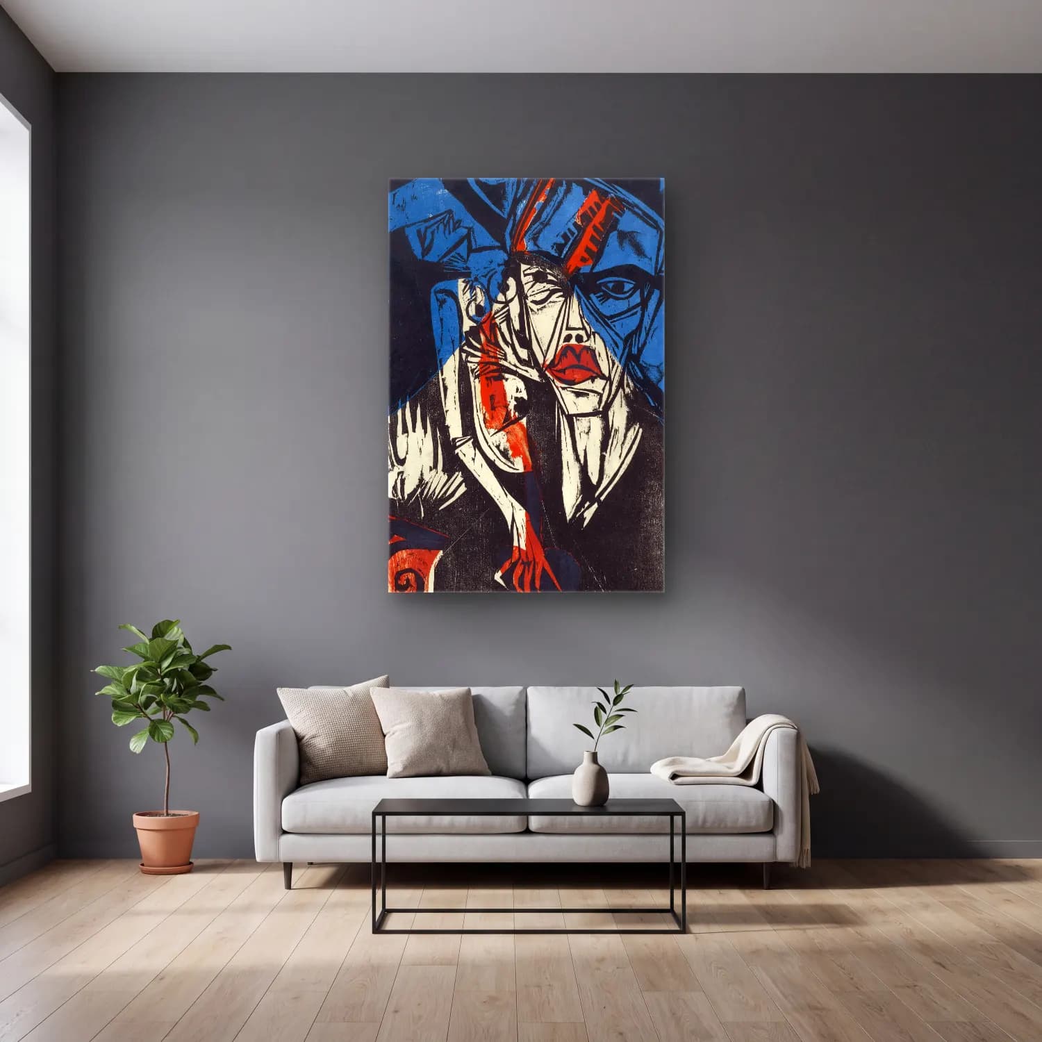 Ernst Ludwig Kirchner – Kämpfe – Qualen der Liebe – Mavi Tonlar cam tablo — gri duvarlı salonda