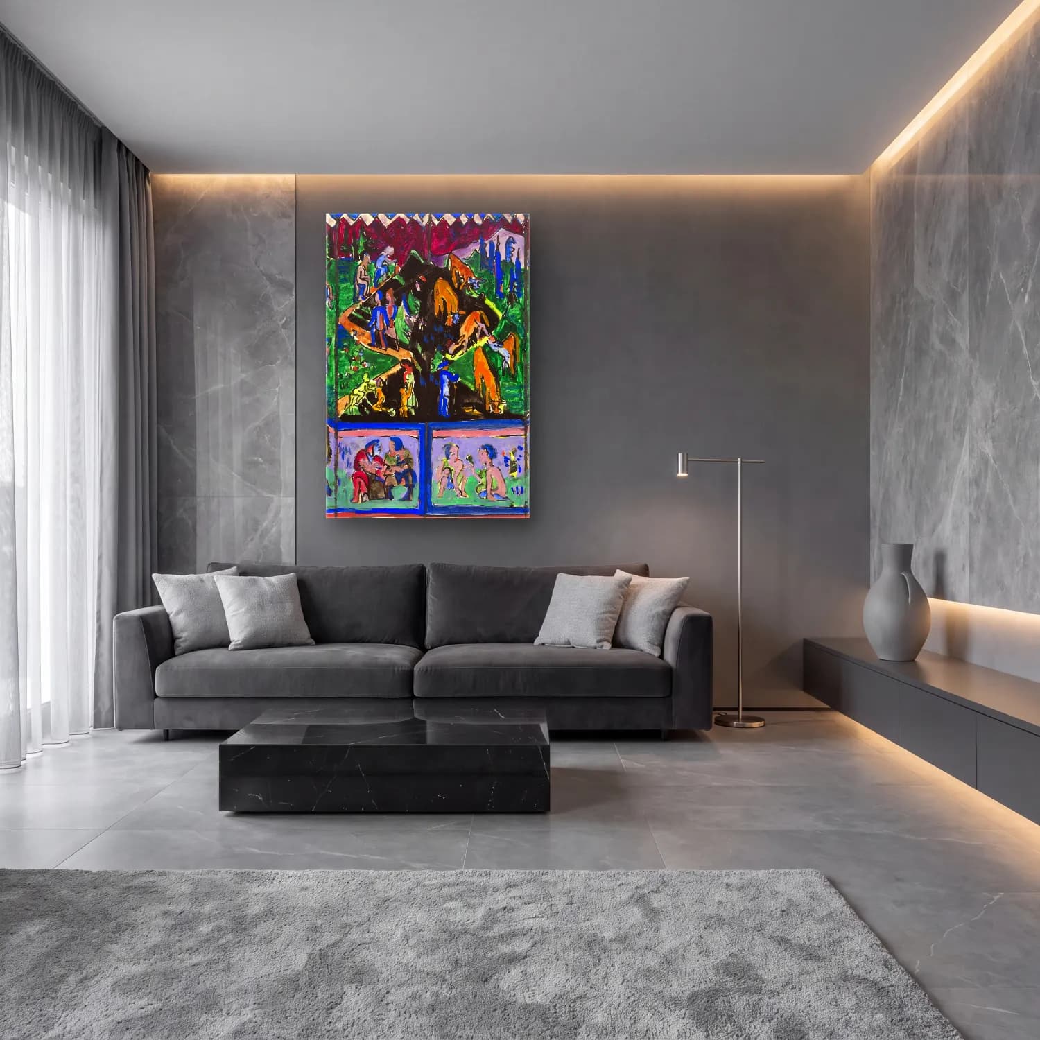 Ernst Ludwig Kirchner – The Life (Hagemann Design) – Mavi Tonlar cam tablo — lüks salon duvarında