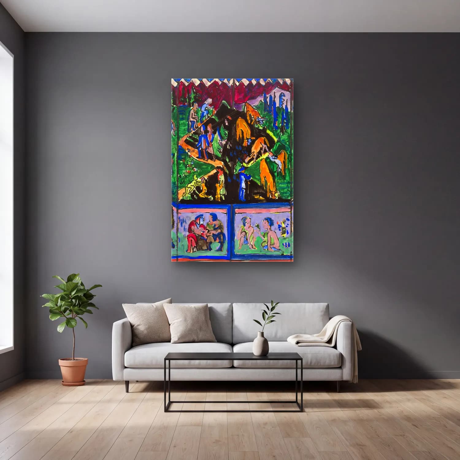 Ernst Ludwig Kirchner – The Life (Hagemann Design) – Mavi Tonlar cam tablo — gri duvarlı salonda