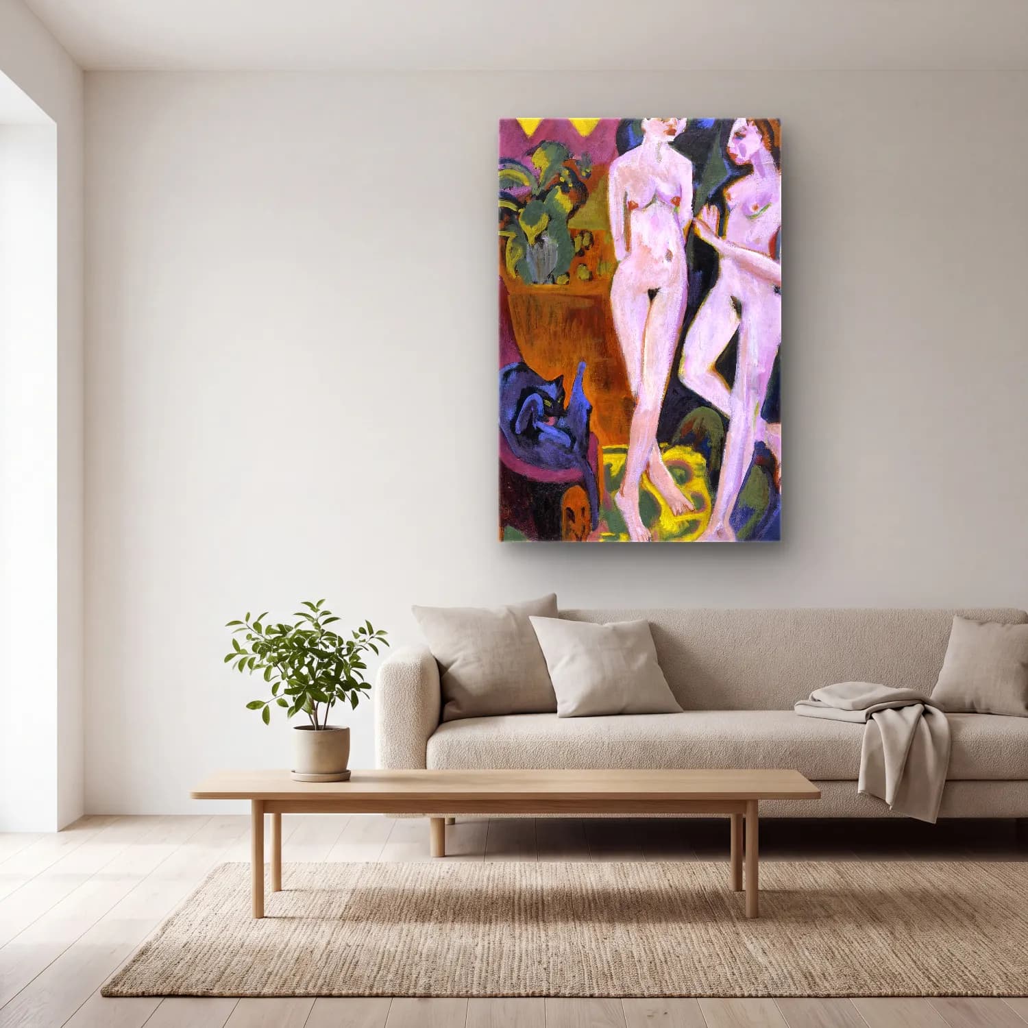 Ernst Ludwig Kirchner – Two Nudes in a Room – Pastel Tonlar cam tablo — açık renk salonda