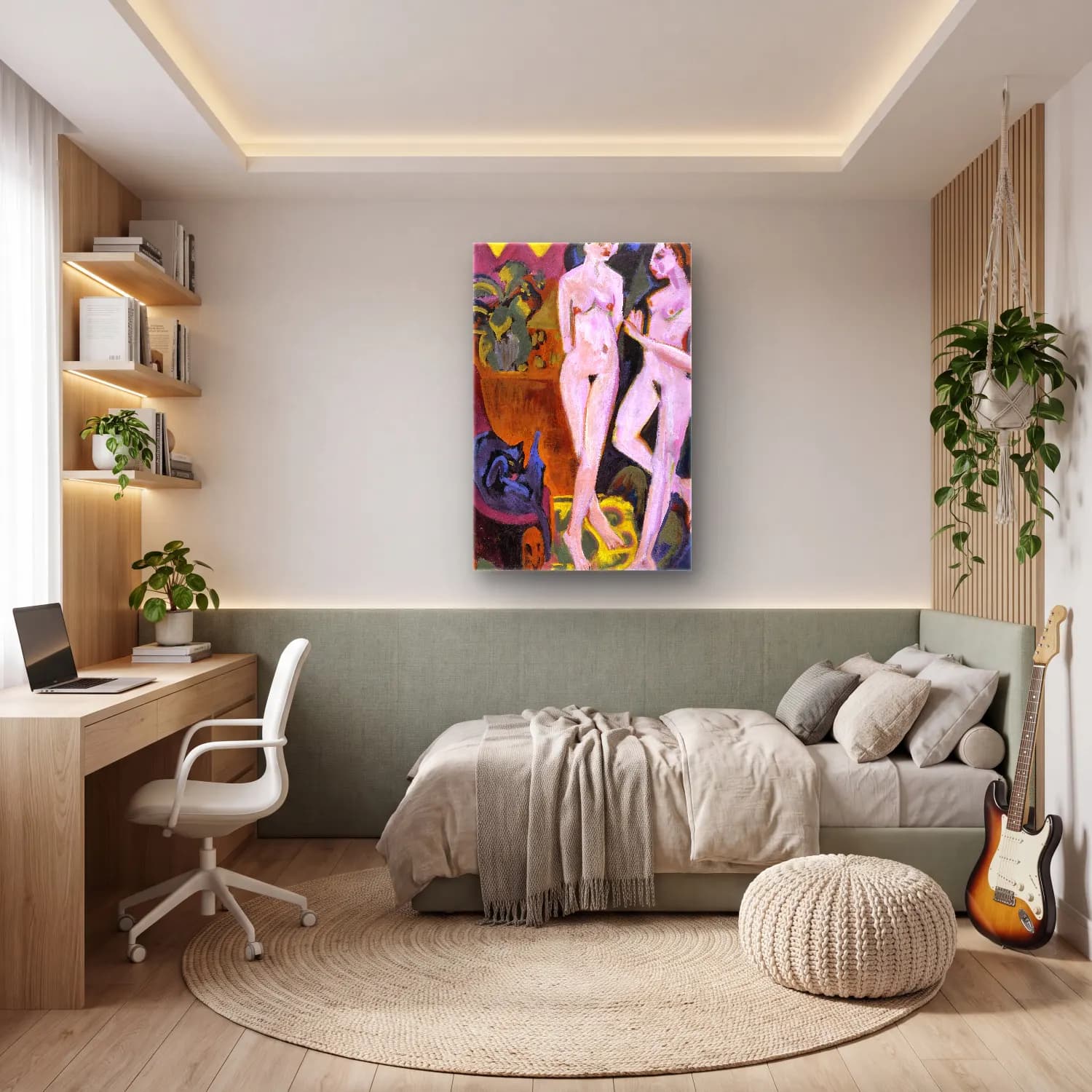 Ernst Ludwig Kirchner – Two Nudes in a Room – Pastel Tonlar cam tablo — genç odasında