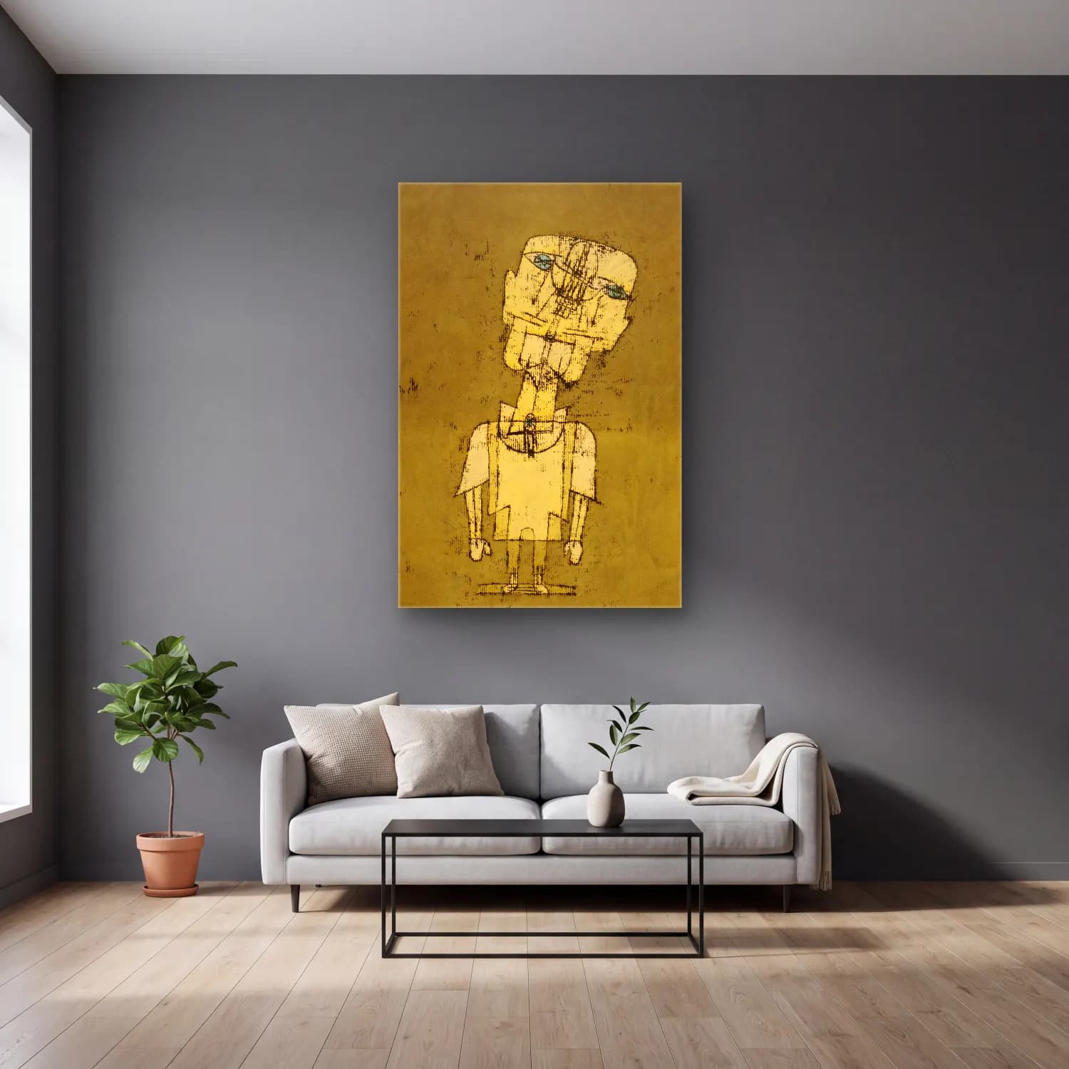 Paul Klee – Gespenst eines Genies (Ghost of a Genius) cam tablo — gri duvarlı salonda
