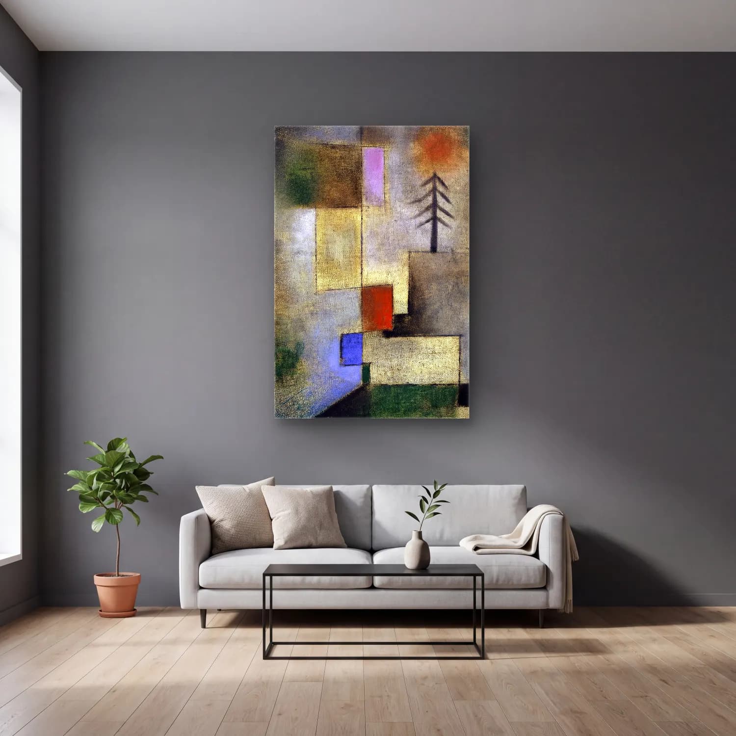 Paul Klee – Small fir picture cam tablo — gri duvarlı salonda