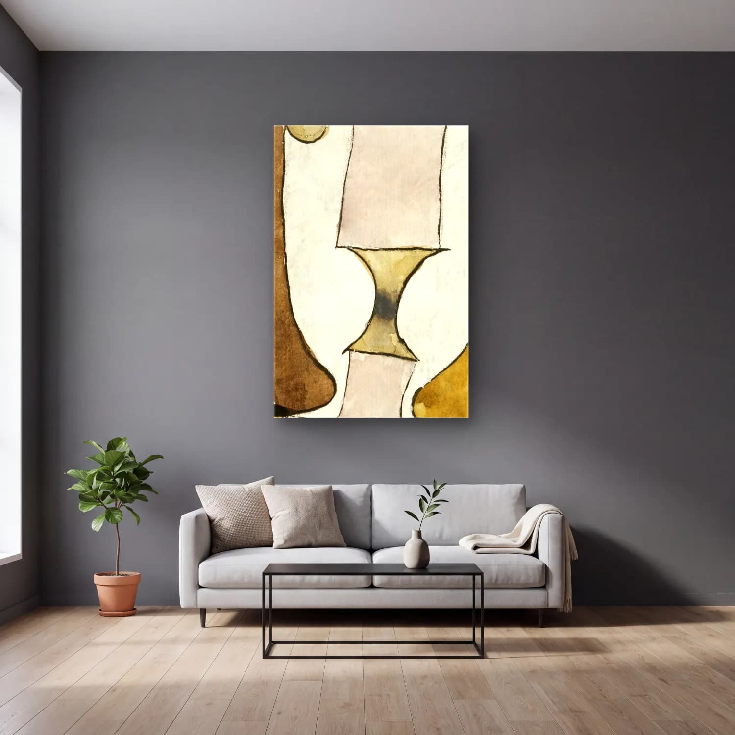 Paul Klee – Popular Wall-Painting cam tablo — gri duvarlı salonda