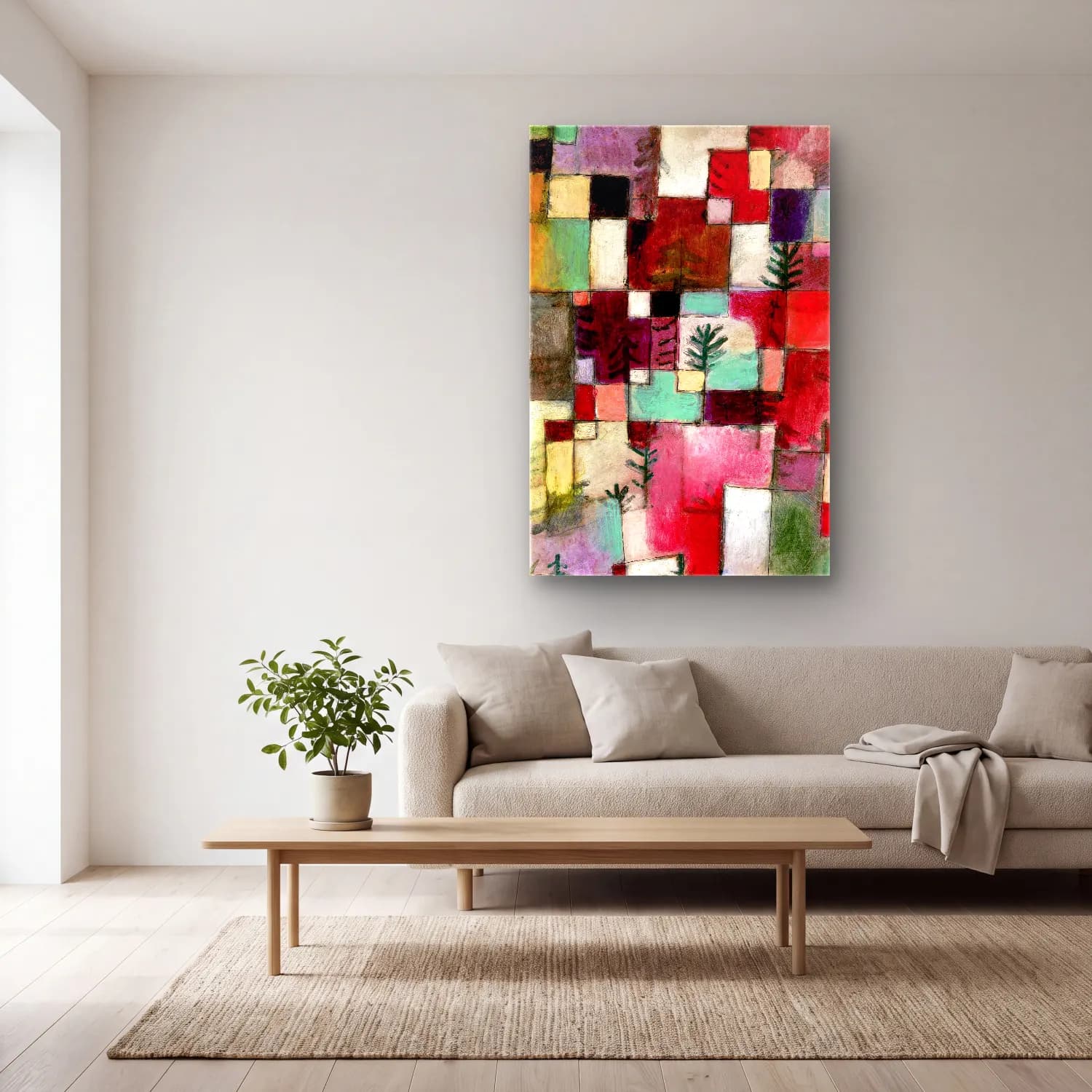 Paul Klee – Red green and Violet–Yellow Rhythms cam tablo — açık renk salonda