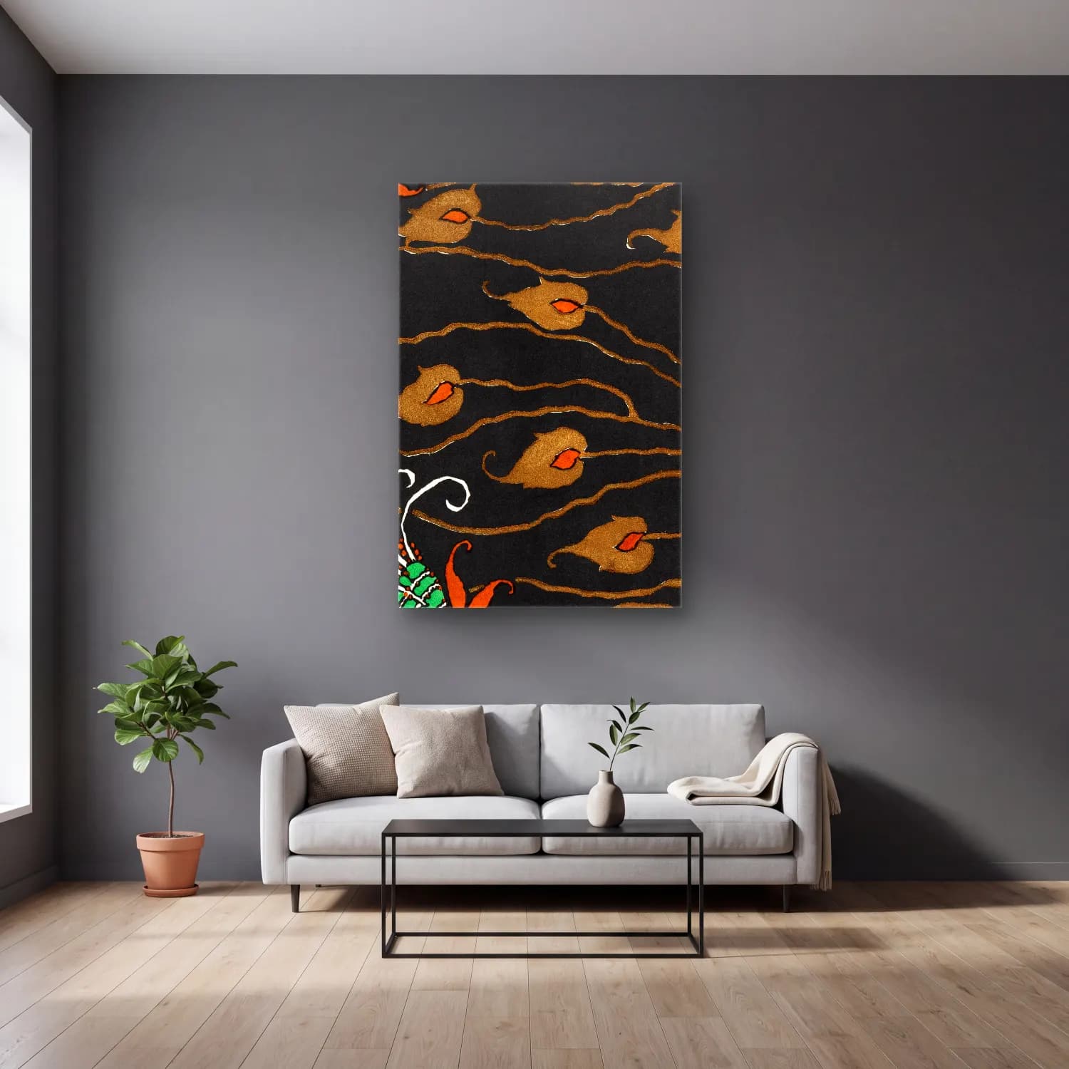 Boho Çiçek Deseni No. 97 cam tablo — gri duvarlı salonda