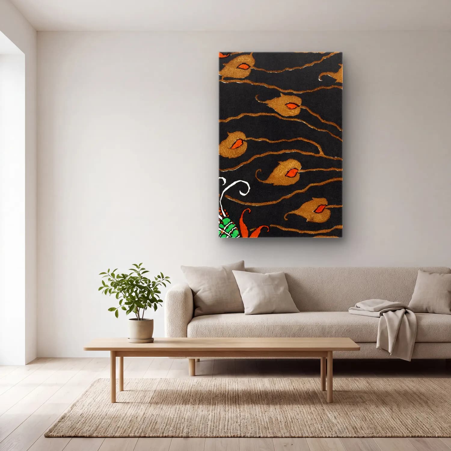 Boho Çiçek Deseni No. 97 cam tablo — açık renk salonda