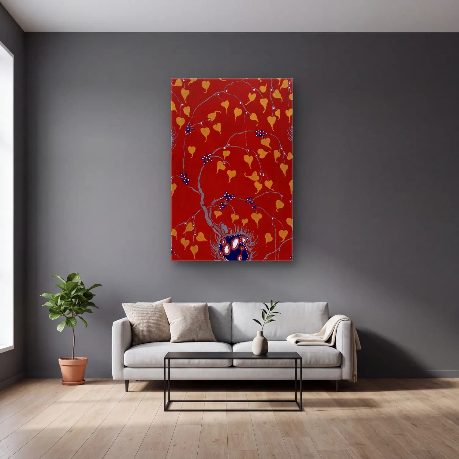Botanik İllüstrasyon Çiçek Deseni No. 32 cam tablo — gri duvarlı salonda