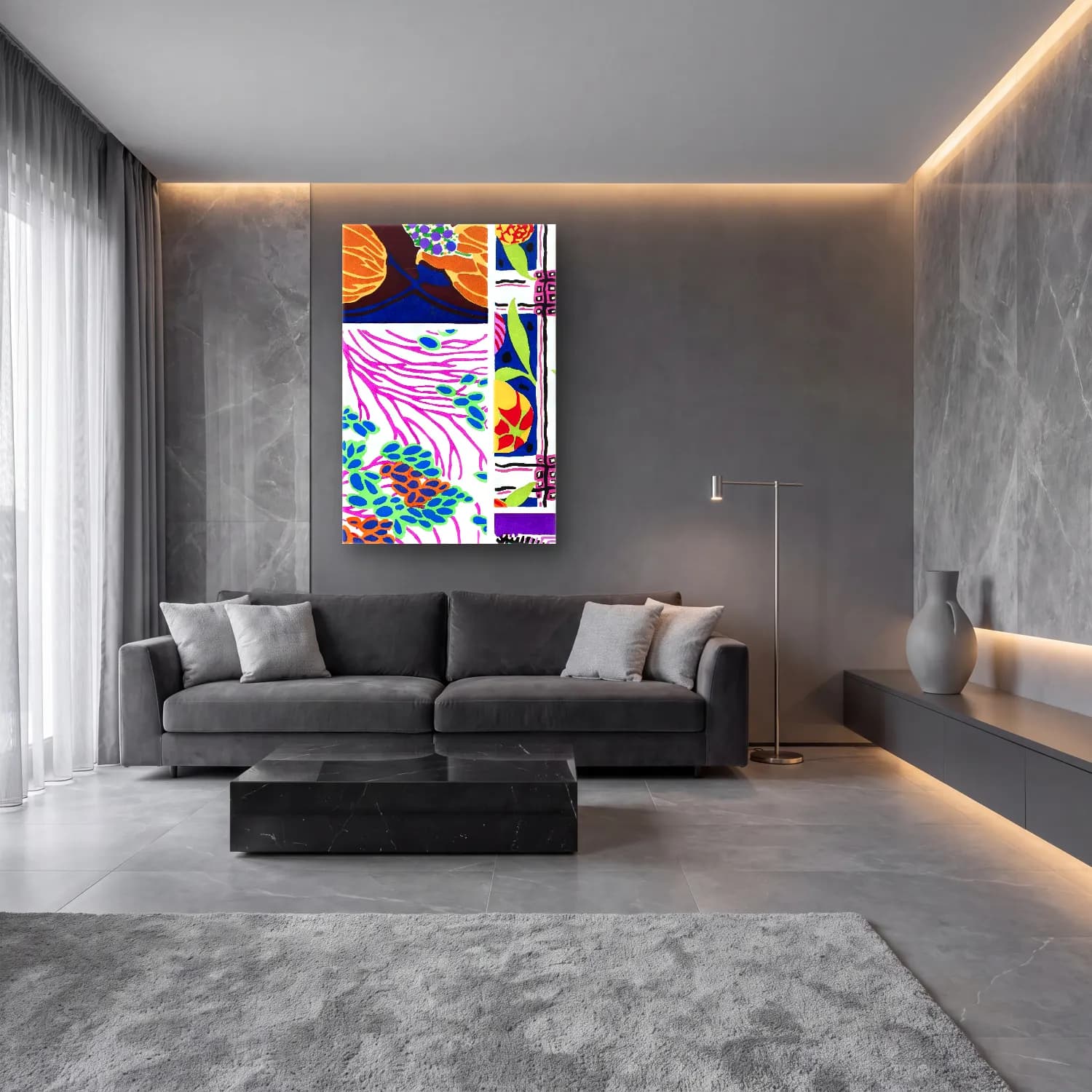 Maksimalist Çiçek Deseni No. 13 cam tablo — lüks salon duvarında
