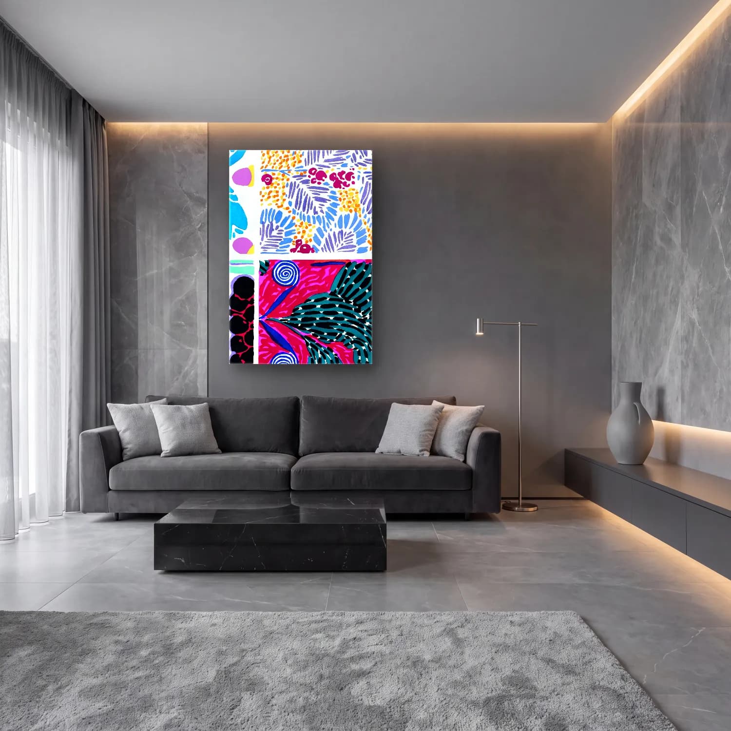 Maksimalist Çiçek Deseni No. 14 cam tablo — lüks salon duvarında