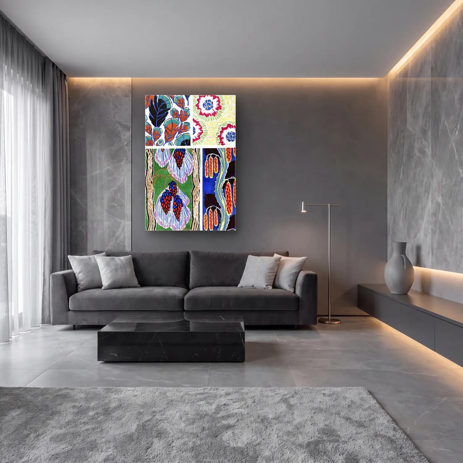 Maksimalist Çiçek Deseni No. 16 cam tablo — lüks salon duvarında