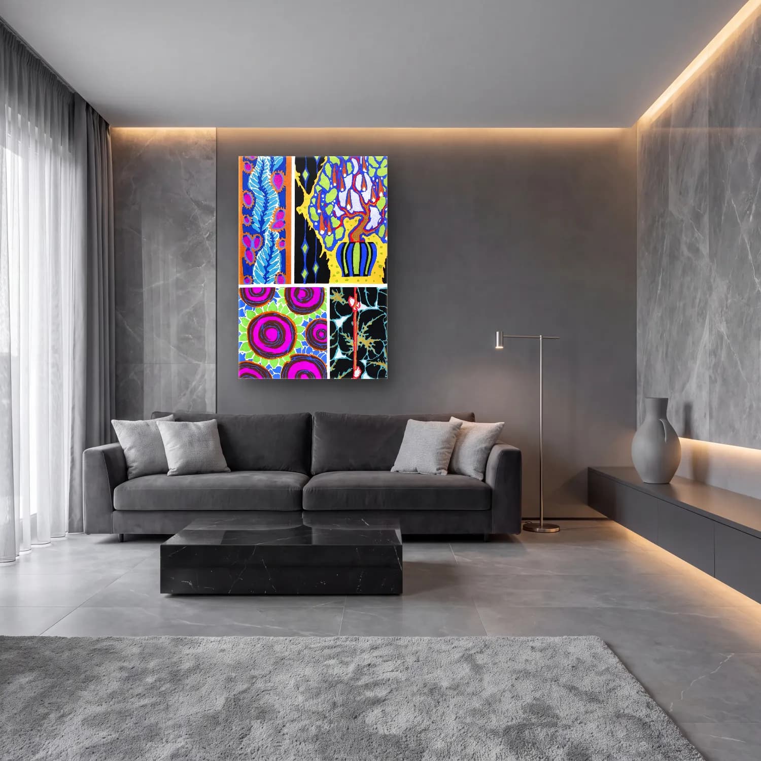 Maksimalist Çiçek Deseni No. 18 cam tablo — lüks salon duvarında