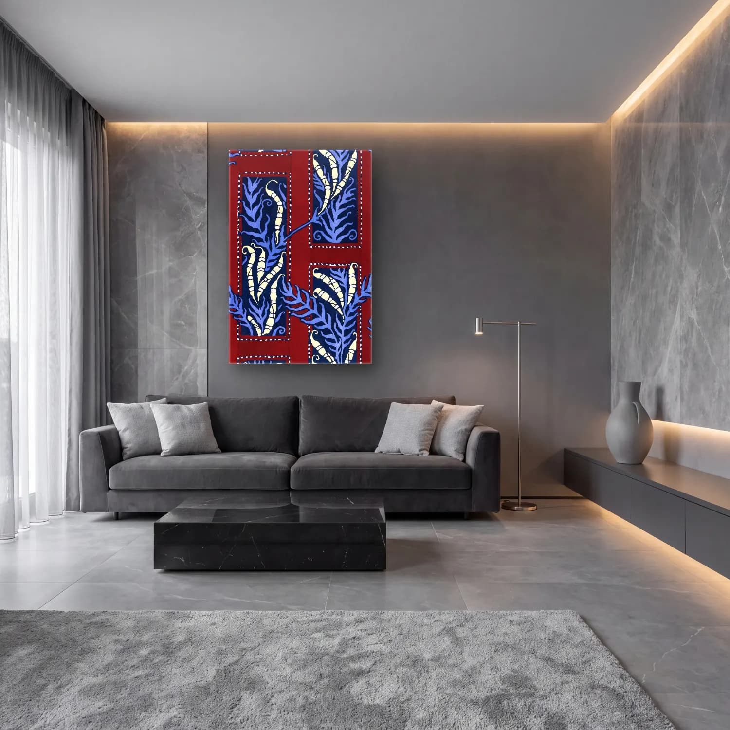Boho Çiçek Deseni No. 99 cam tablo — lüks salon duvarında