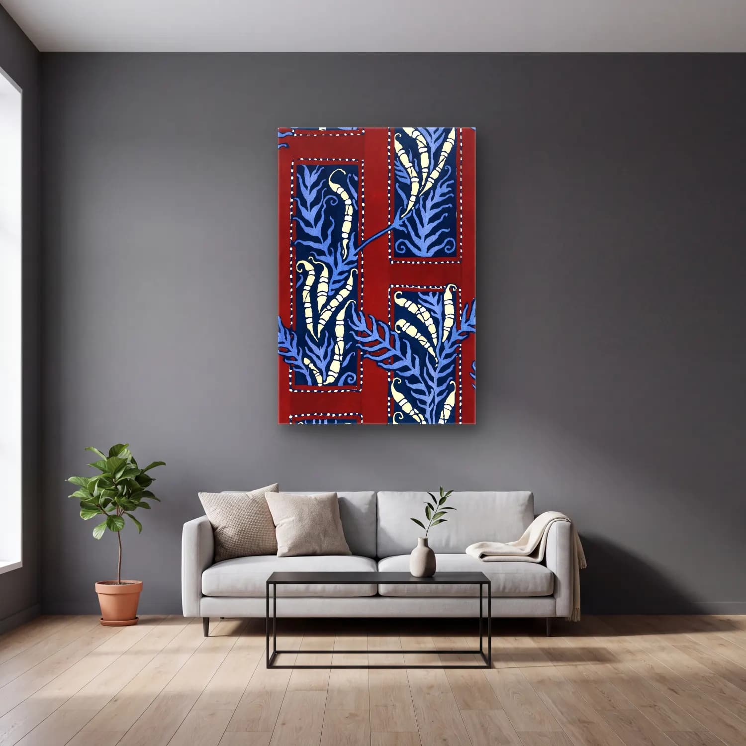Boho Çiçek Deseni No. 99 cam tablo — gri duvarlı salonda